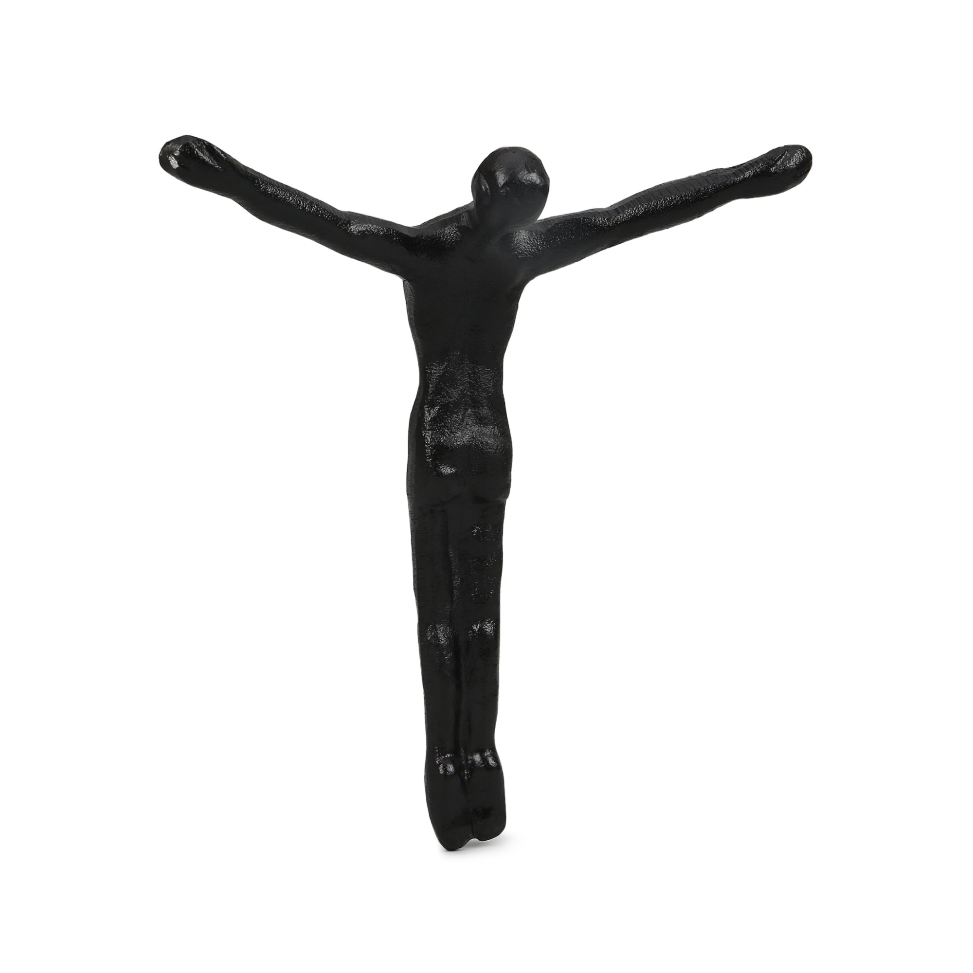 Black crucifixion figure on a white background