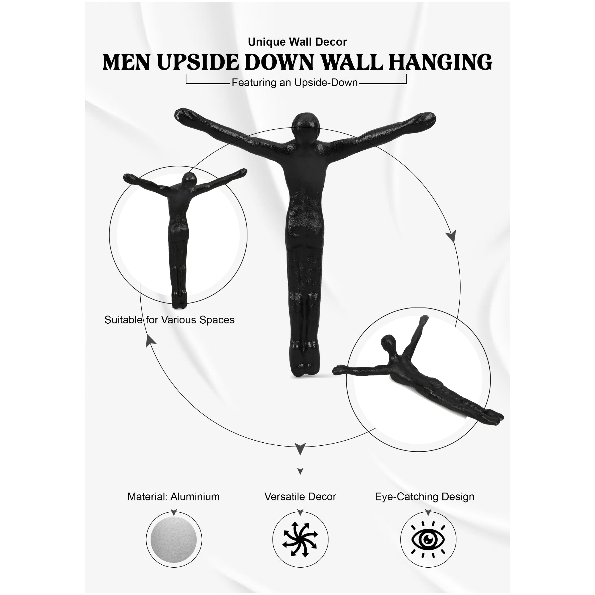 Black wall hanging with 'Men Upside Down' design on a white background