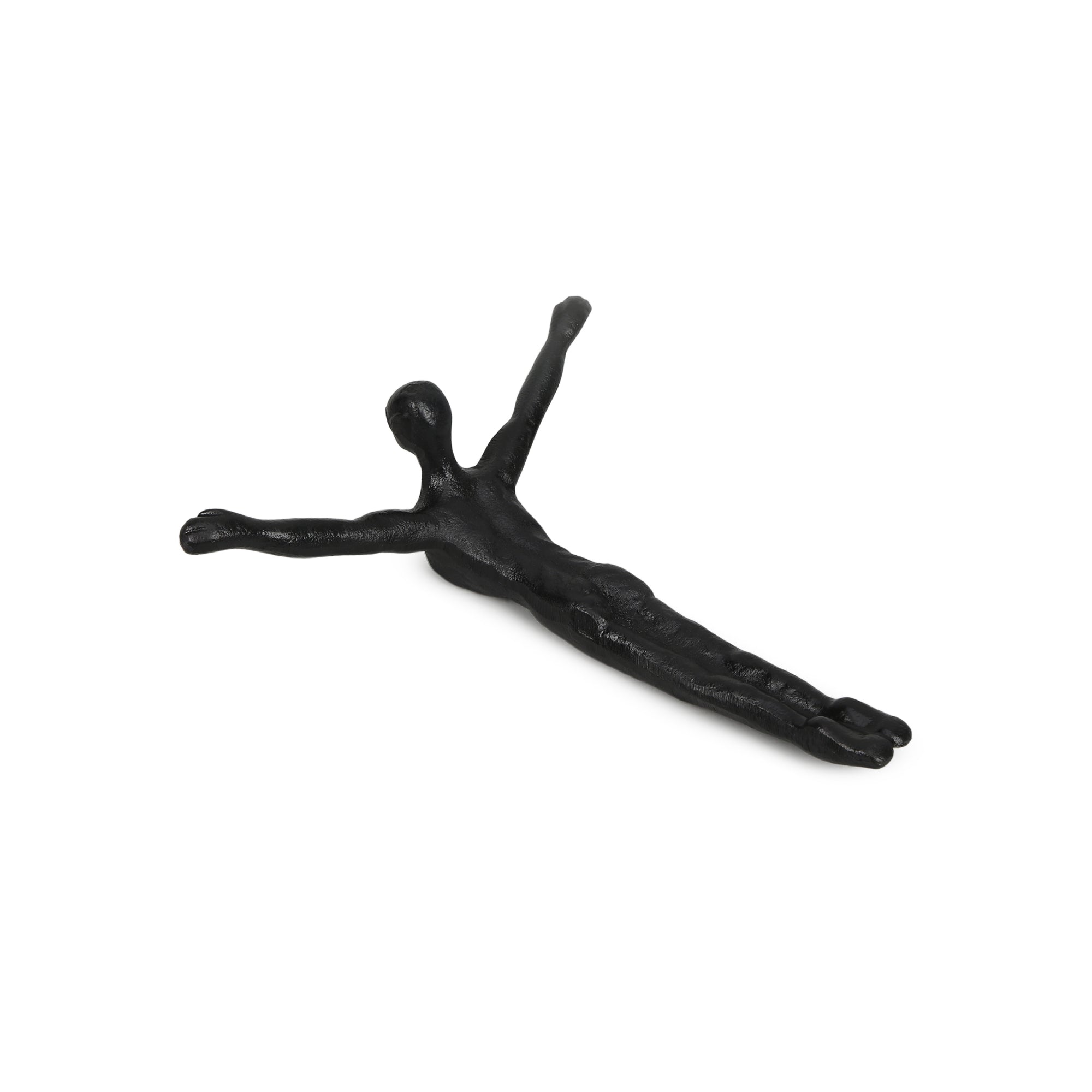 Black cast iron wall hook shaped like a person on a white background