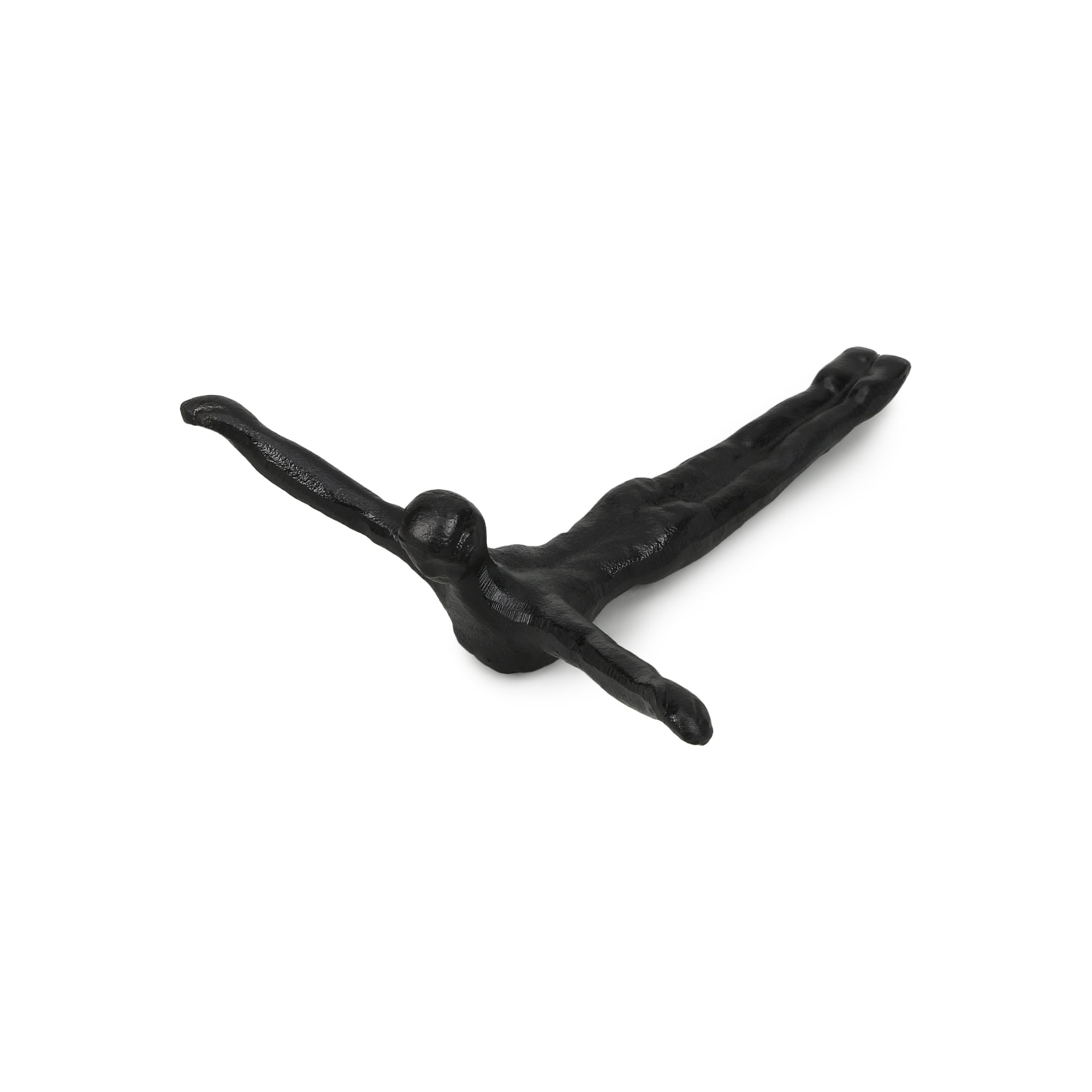 Black cast iron hook shaped like a person on a white background