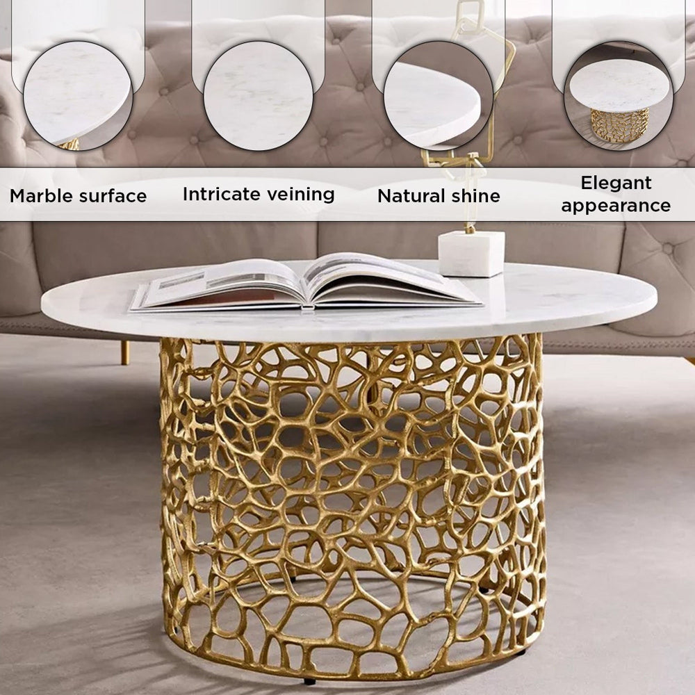 Premium Genuine Marble Top Coffee Table with Golden Aluminum Casting Base