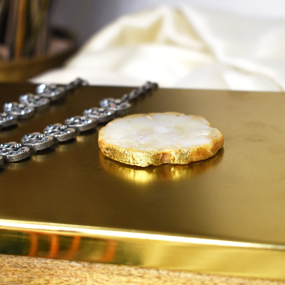 Metal and Wood Decorative Box with Agate Top (Gold Finish)