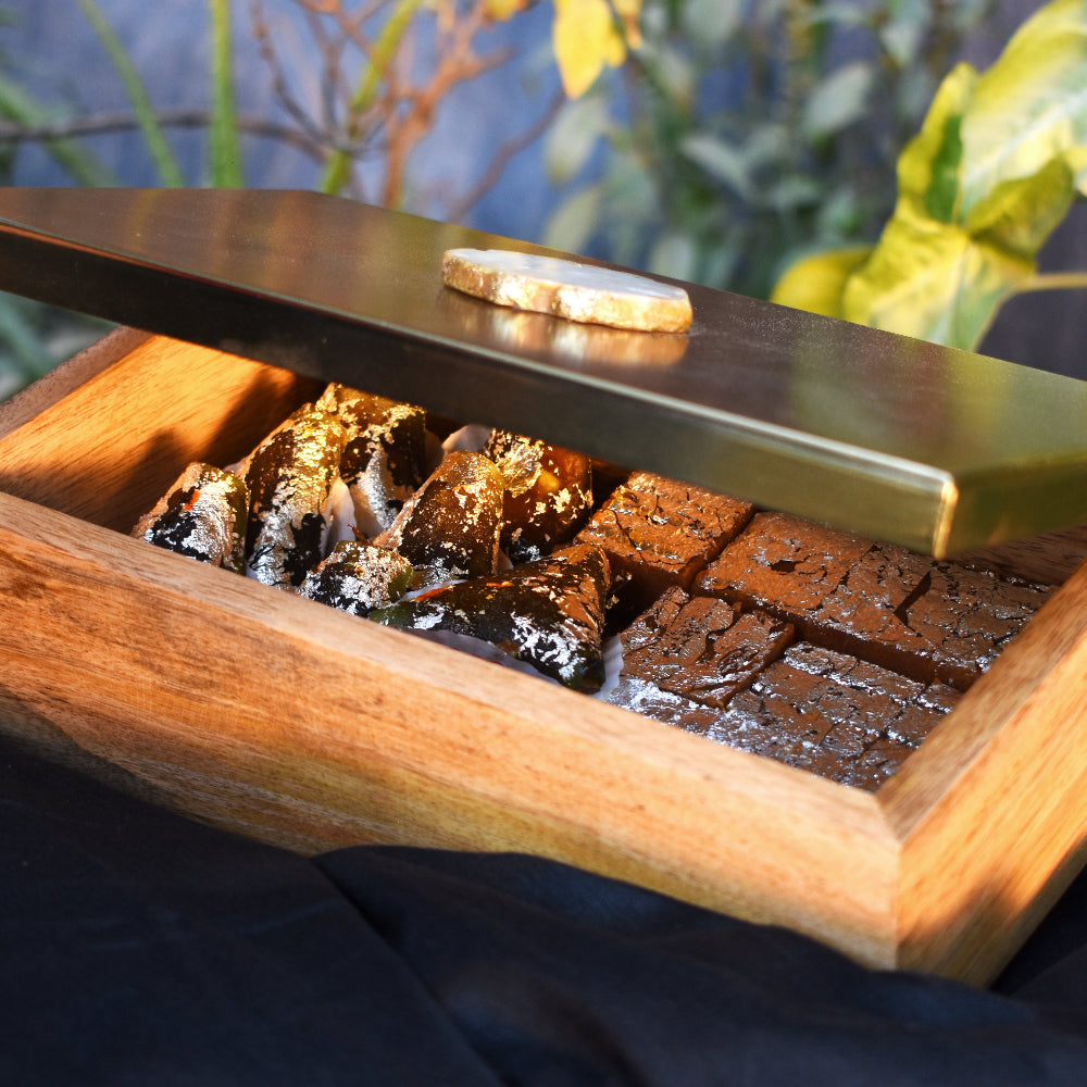 Metal and Wood Decorative Box with Agate Top (Gold Finish)