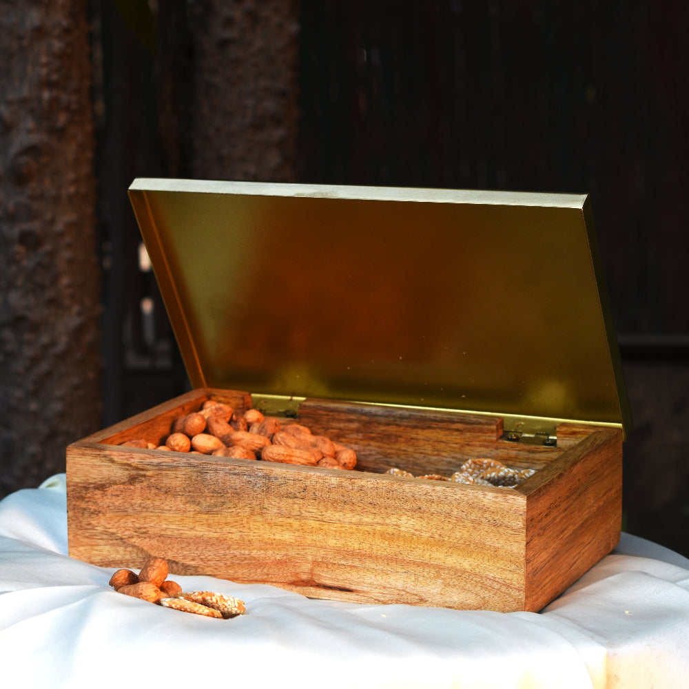 Metal and Wood Decorative Box with Agate Top (Gold Finish)