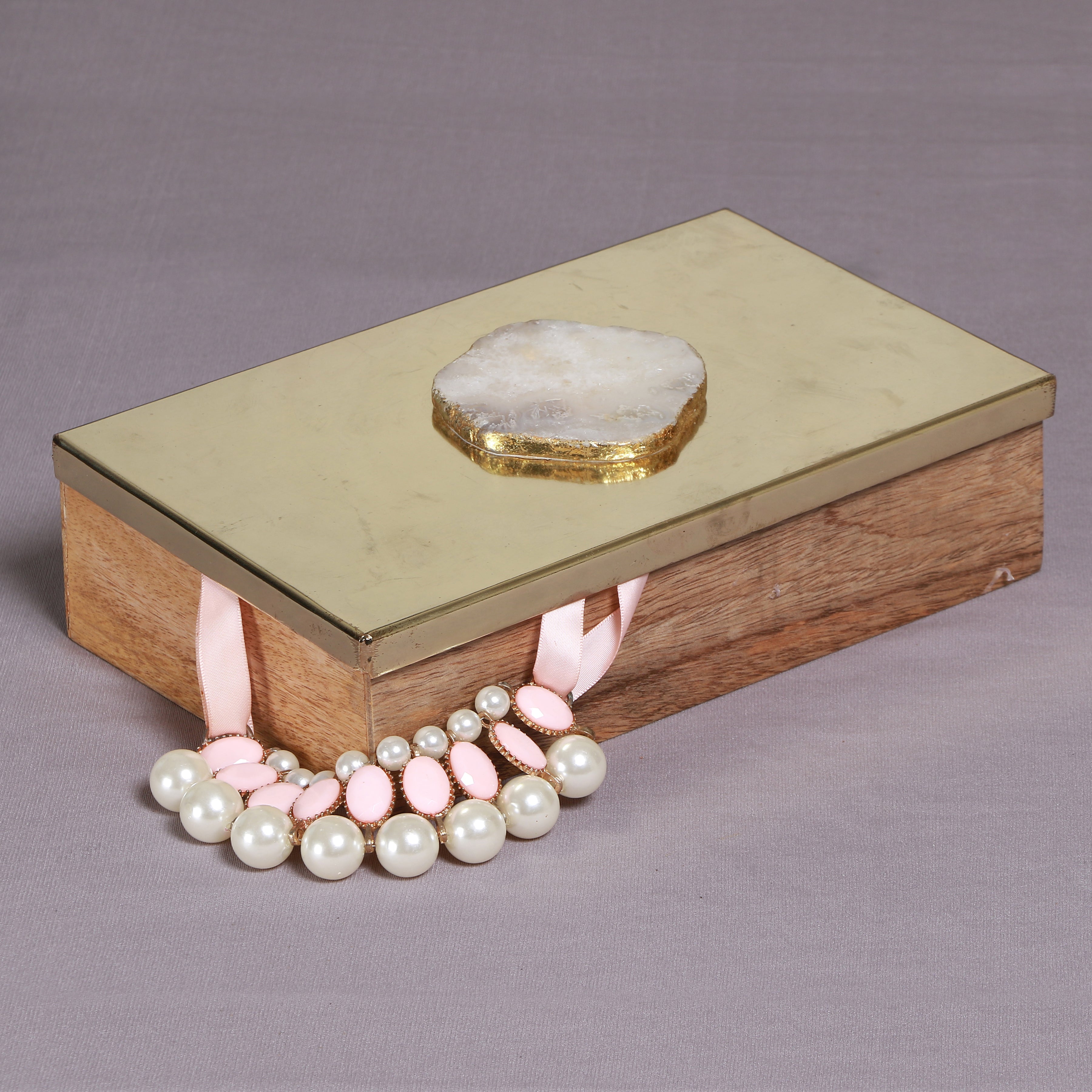 Metal and Wood Decorative Box with Agate Top (Gold Finish)