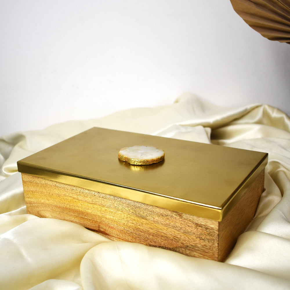 Metal and Wood Decorative Box with Agate Top (Gold Finish)