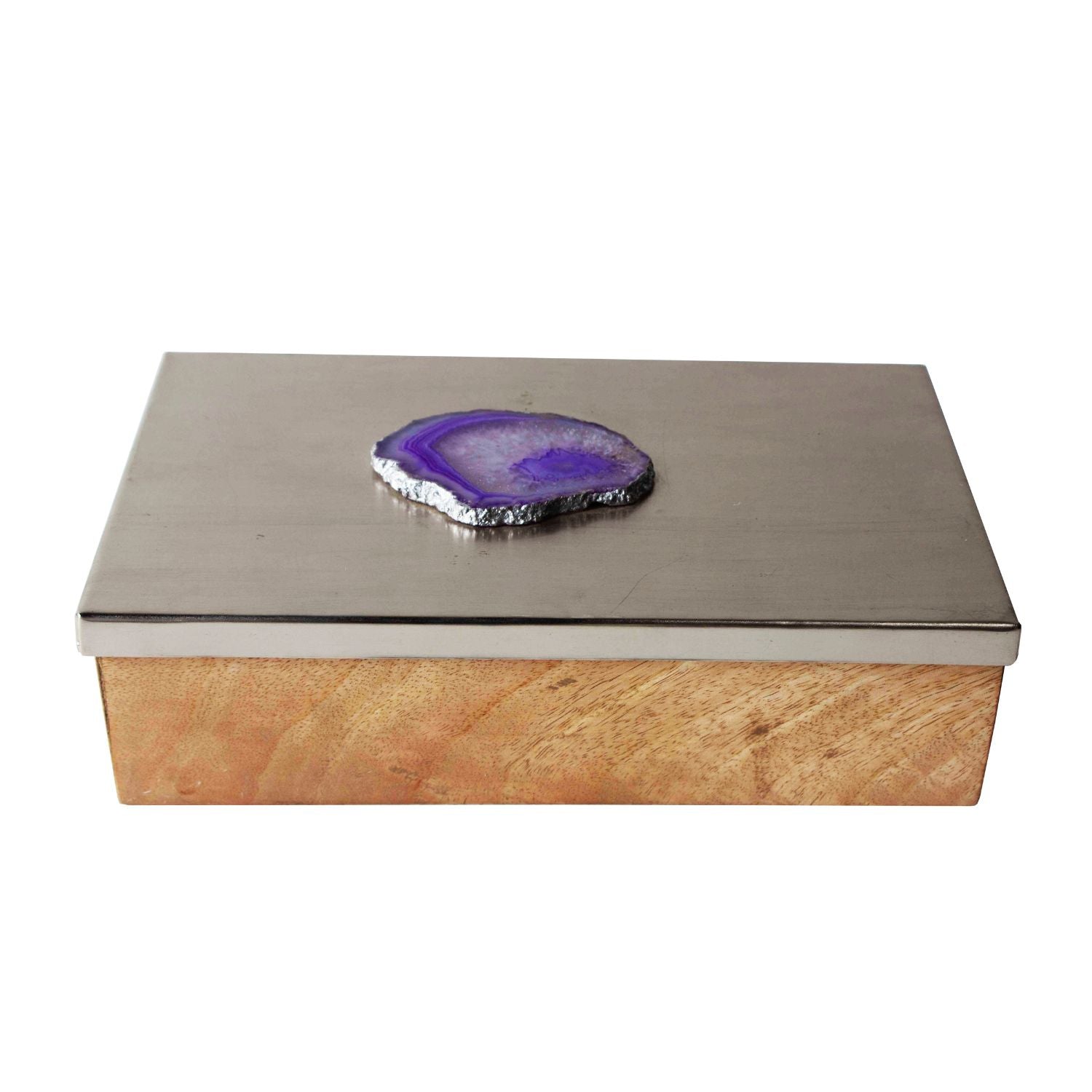 Metal and Wood Decorative Box with Agate Top 10 inch(Silver Finish)