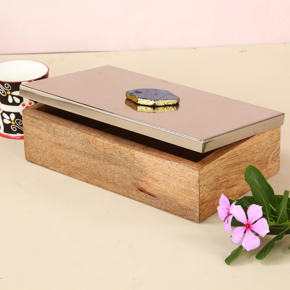 Manor House Metal and Wood Decorative Box with Agate Top (Silver Finish)
