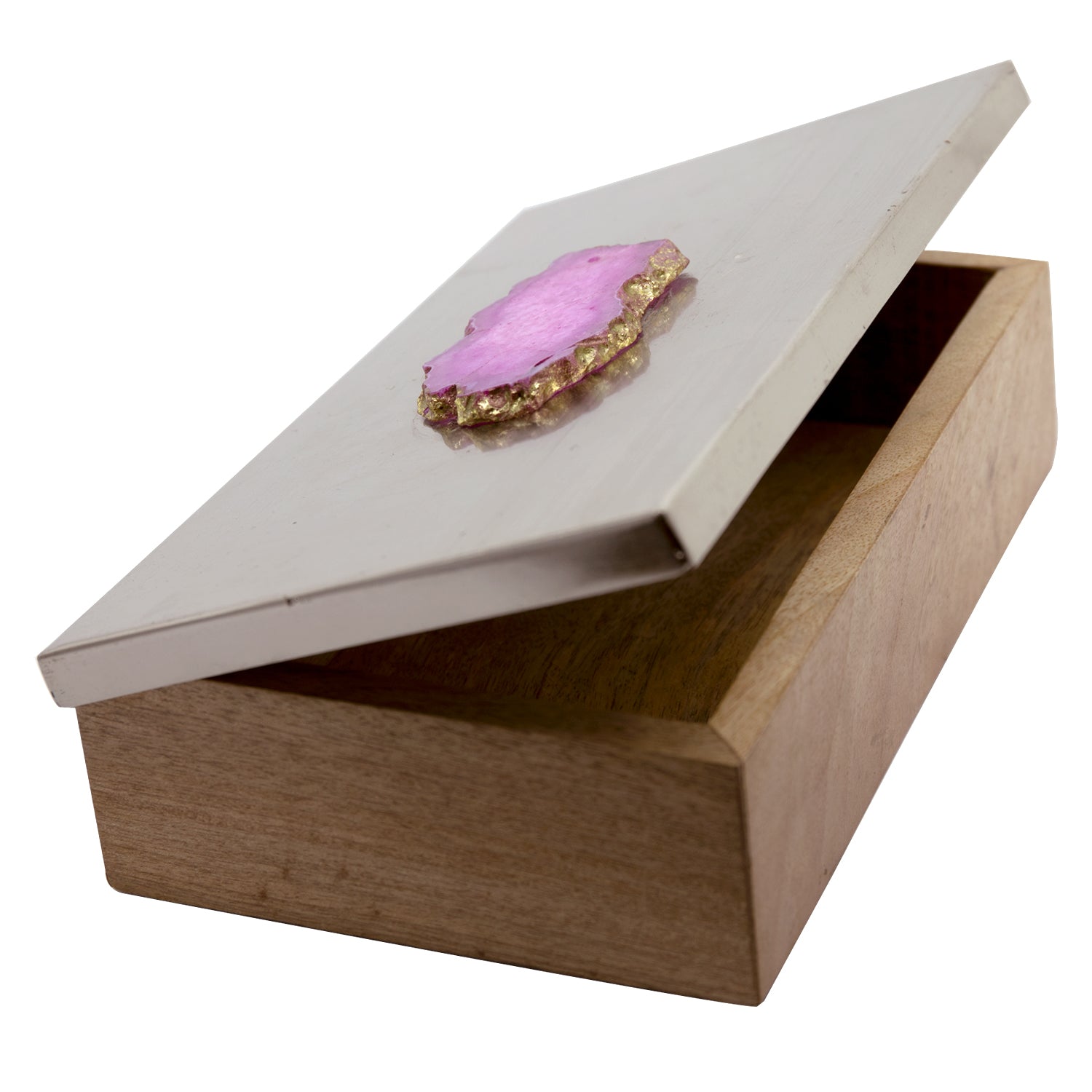 Metal and Wood Decorative Box with Agate Top 10 inch(Silver Finish)