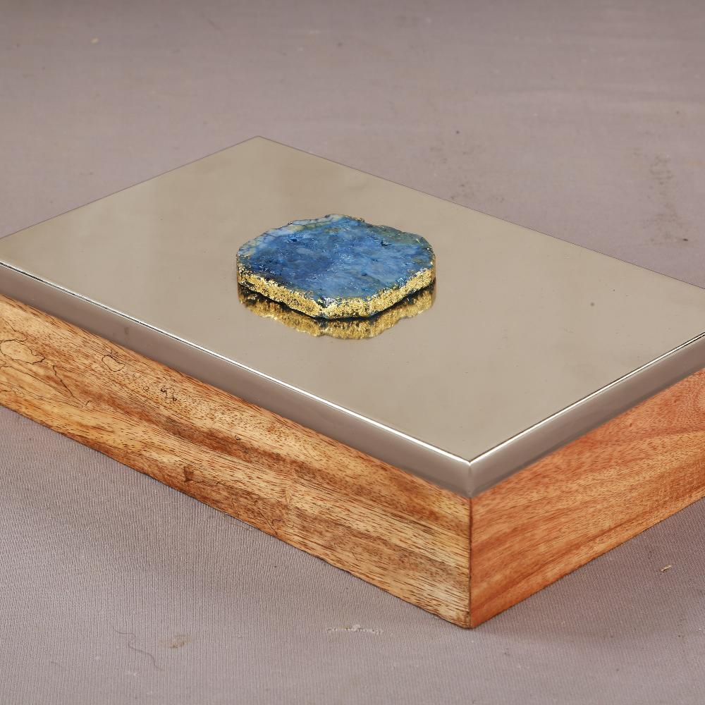 Manor House Metal and Wood Decorative Box with Agate Top (Silver Finish)