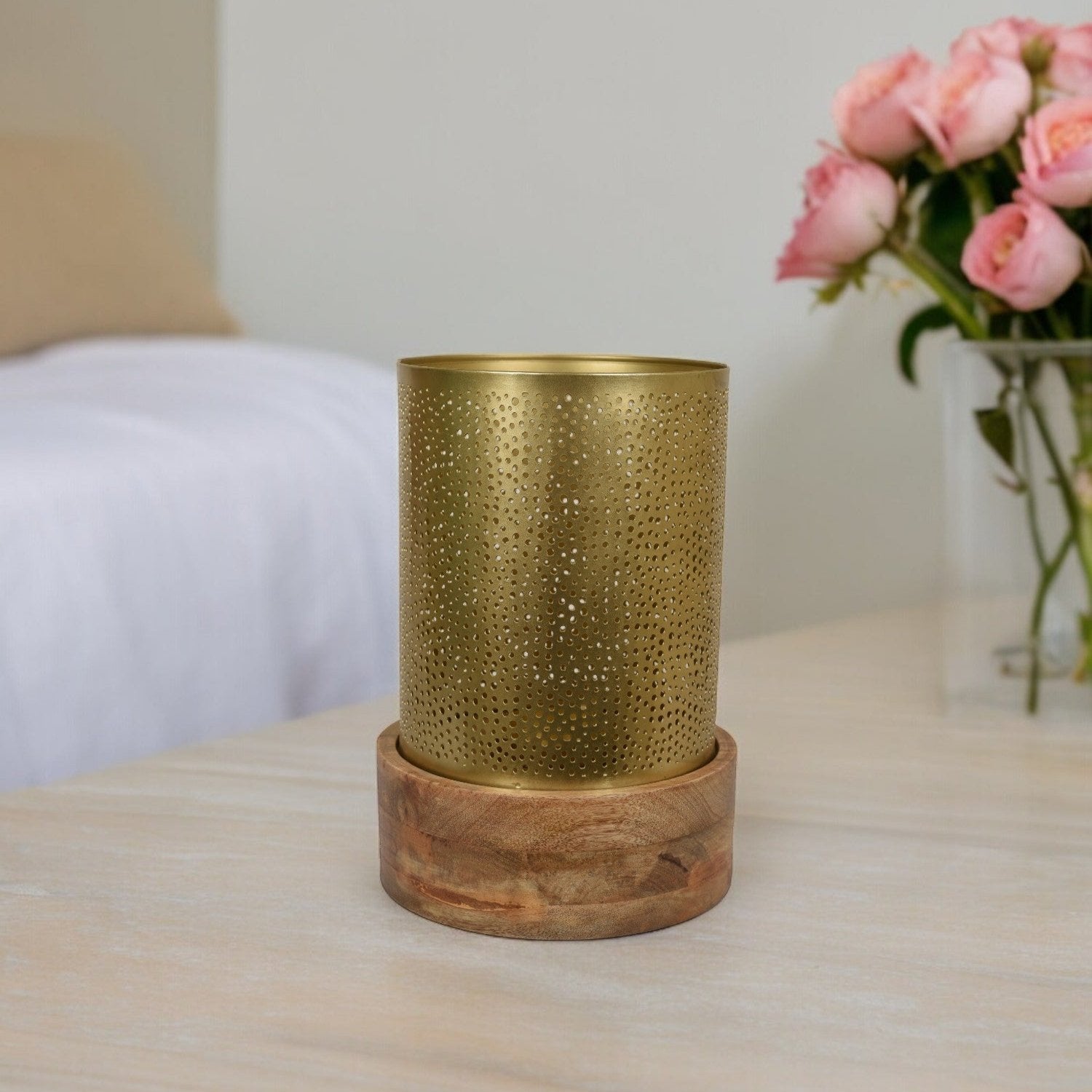 Manor House Roshni Jaali Candle Holder with Wooden Base 12 inches