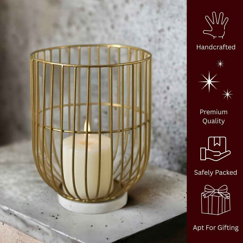 Wire Basket Pillar Candle Holder on Marble Base 9 inches tall