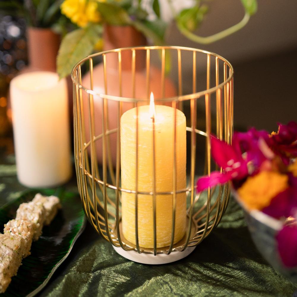 Manor House Wire Basket Pillar Candle Holder on Marble Base 9 inches tall