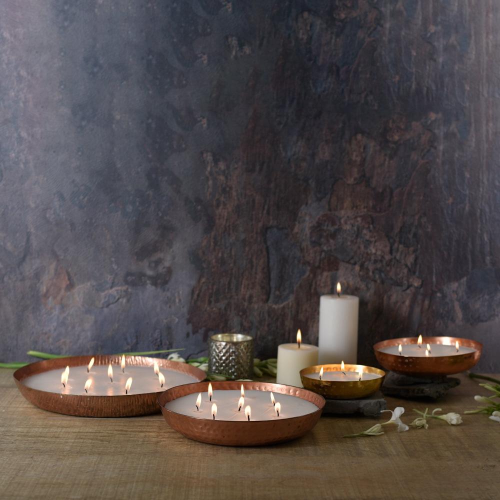 Manor House Roshni Scented Flovored Wax Filled Metal Bowl Urli Set of 4- 7 inches, 8 inches, 10 inches and 12 inches