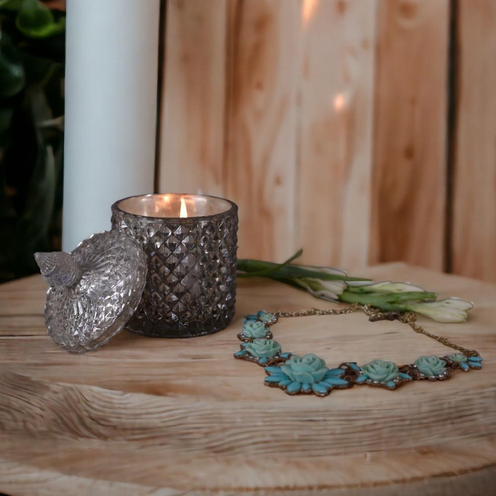 Manor House Roshni Diamond Shaped Glass Shiny Silver Finish Candle Holder