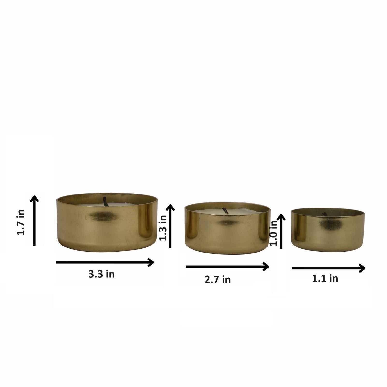 Three gold-colored candles with measurements indicated on a white background