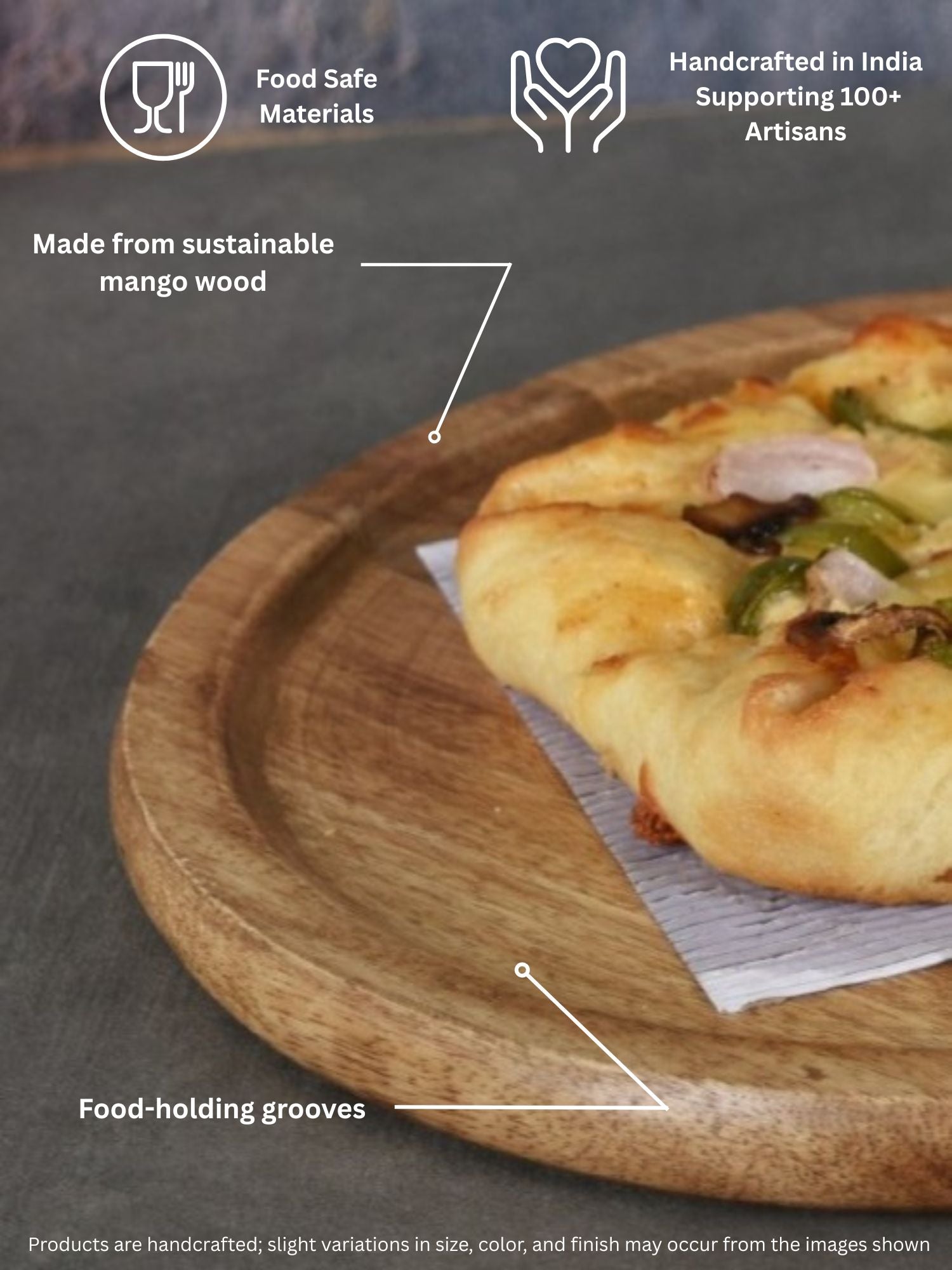 Wooden pizza board with a pizza on a gray surface, featuring text about material and artisanal aspects.