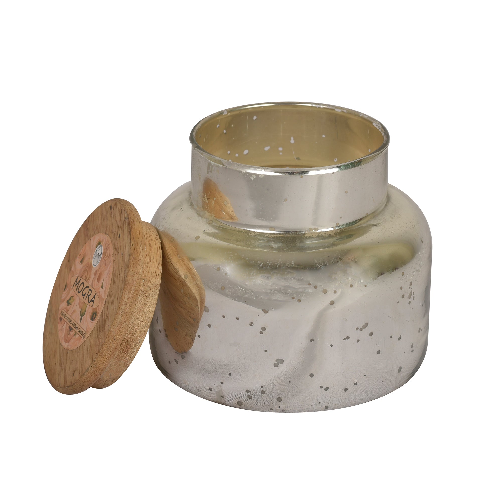 Roshni Mercury Glass Jar filled with flavoured candle and wooden lid 4.5 inches tall