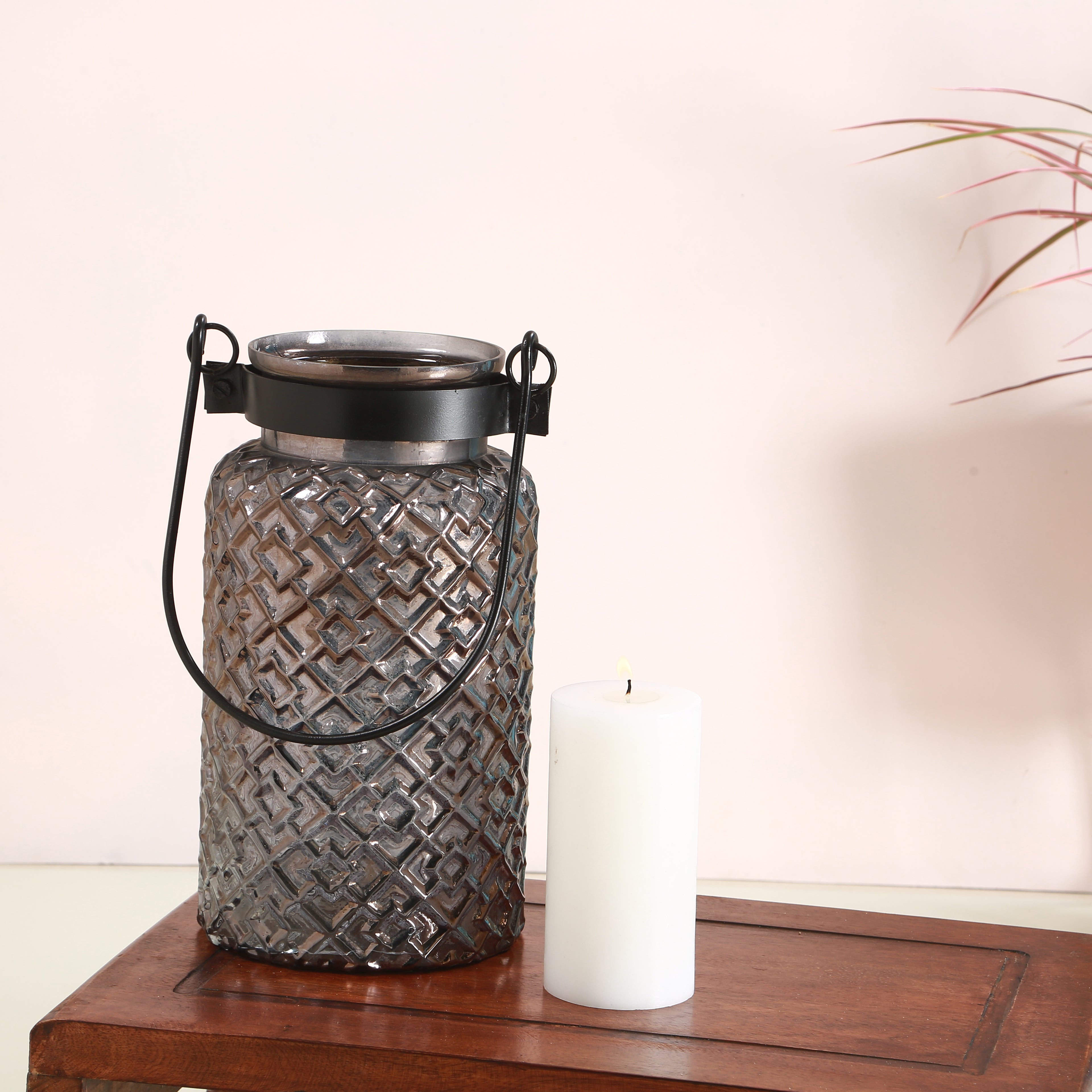 Roshni Patterned Glass Black Lustre Lantern Big 12 inch tall