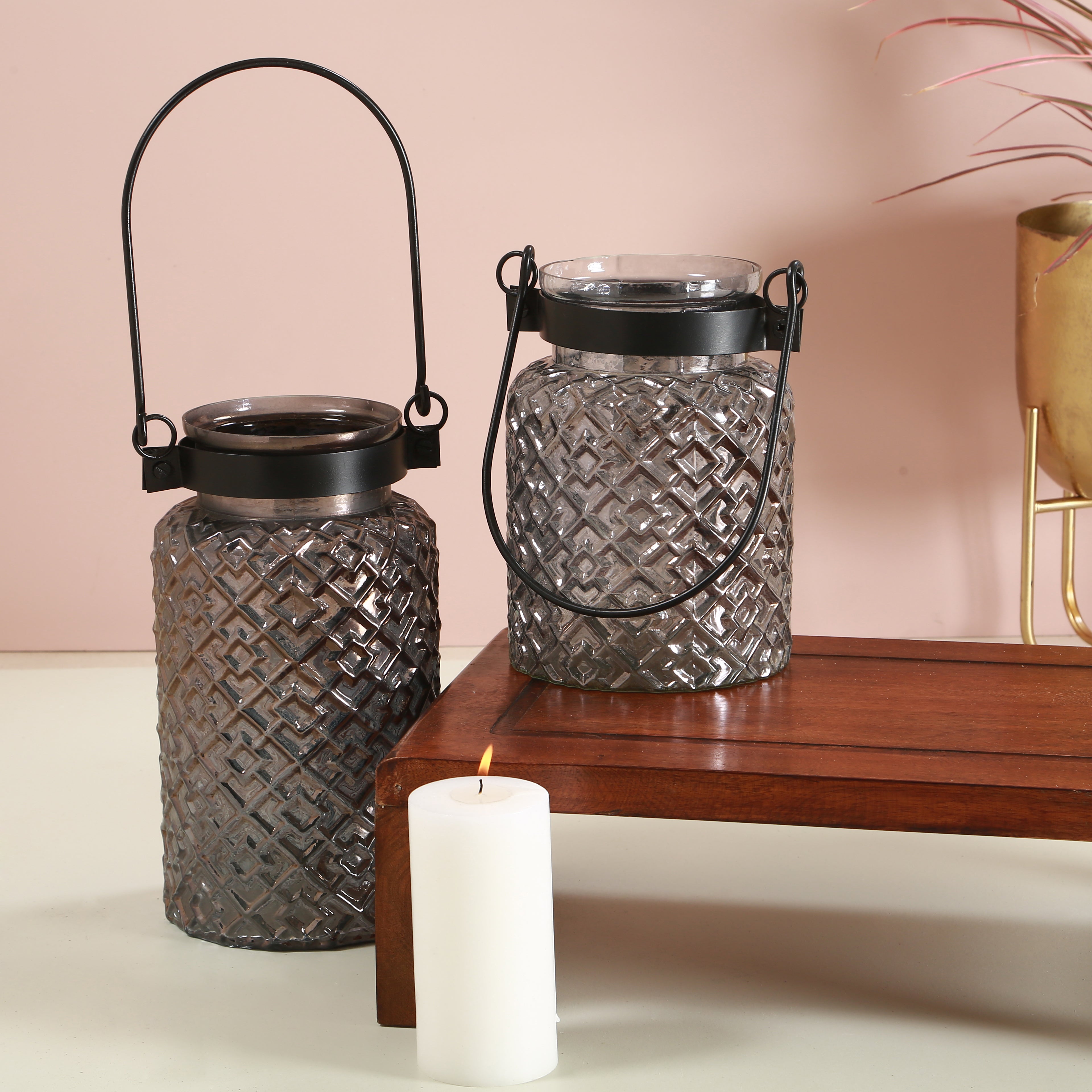 Roshni Patterned Glass Black Lustre Lantern Small 9.5 inch tall