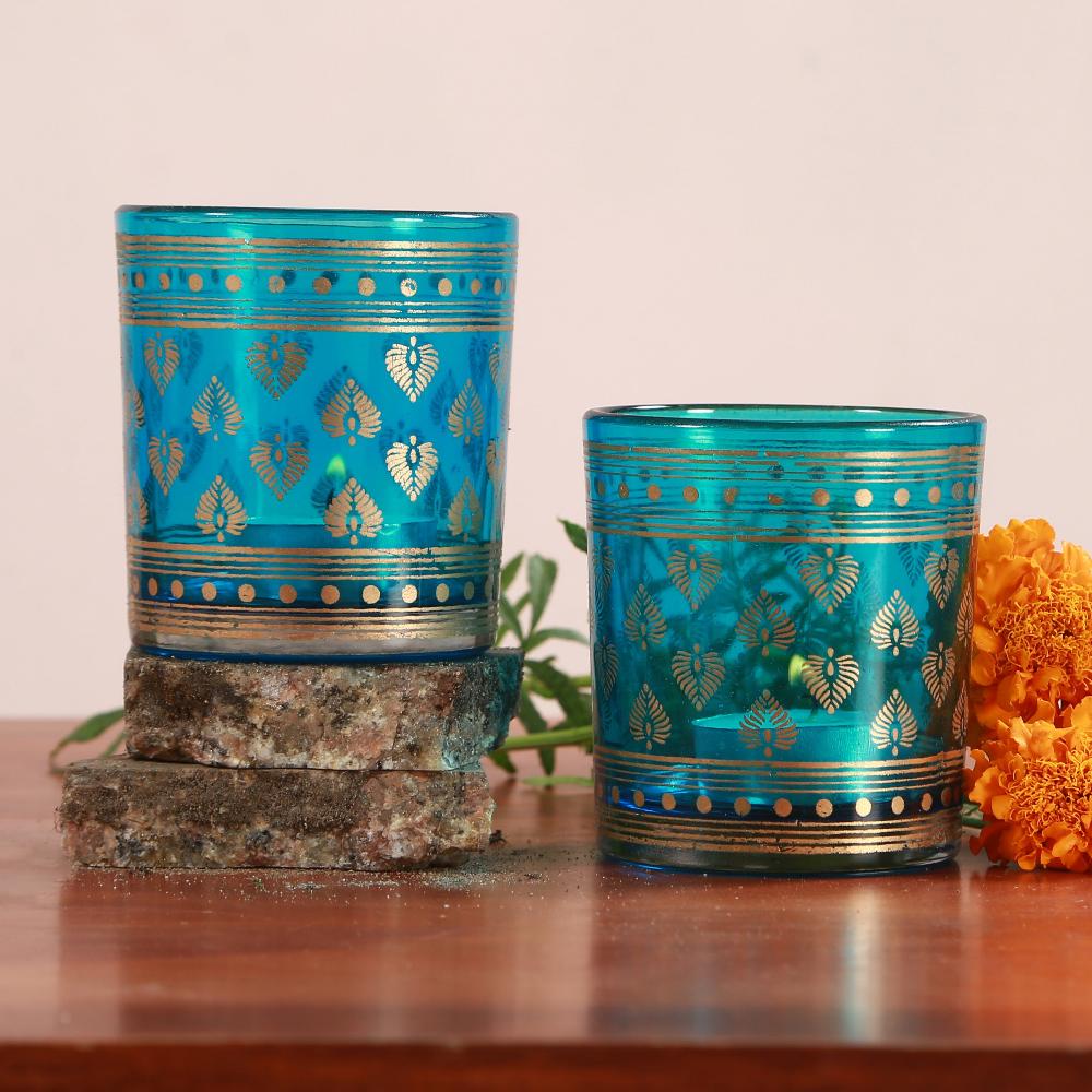 Manor House Tealight Glass Votives blue set of 2, 3inches tall