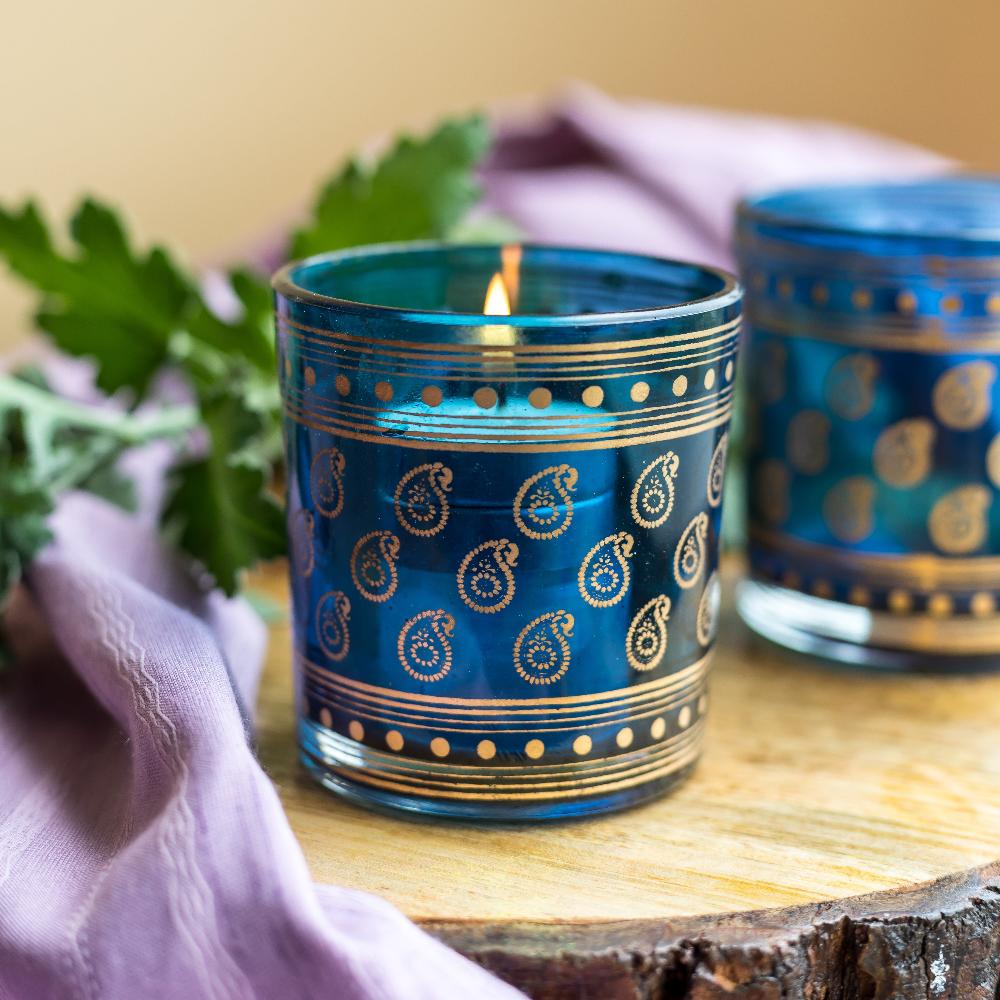 Manor House Tealight Glass Votives blue set of 2, 3inches tall