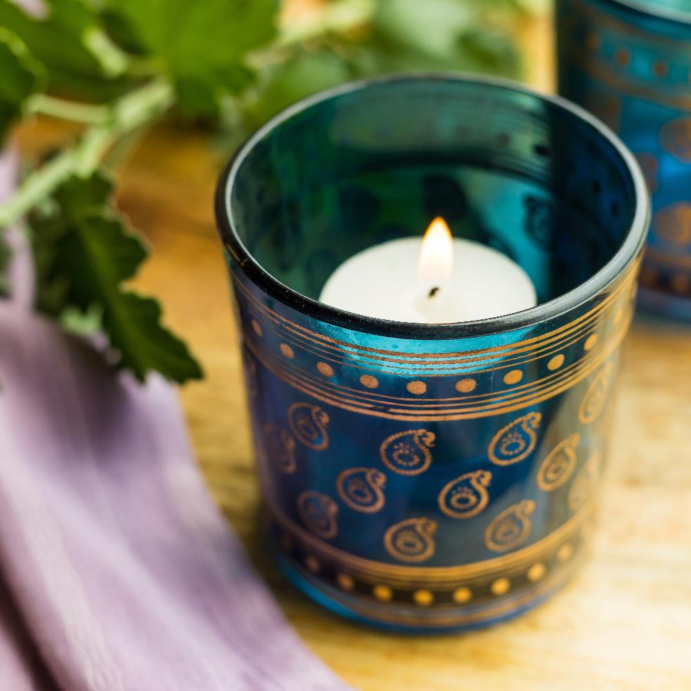 Manor House Tealight Glass Votives blue set of 2, 3inches tall