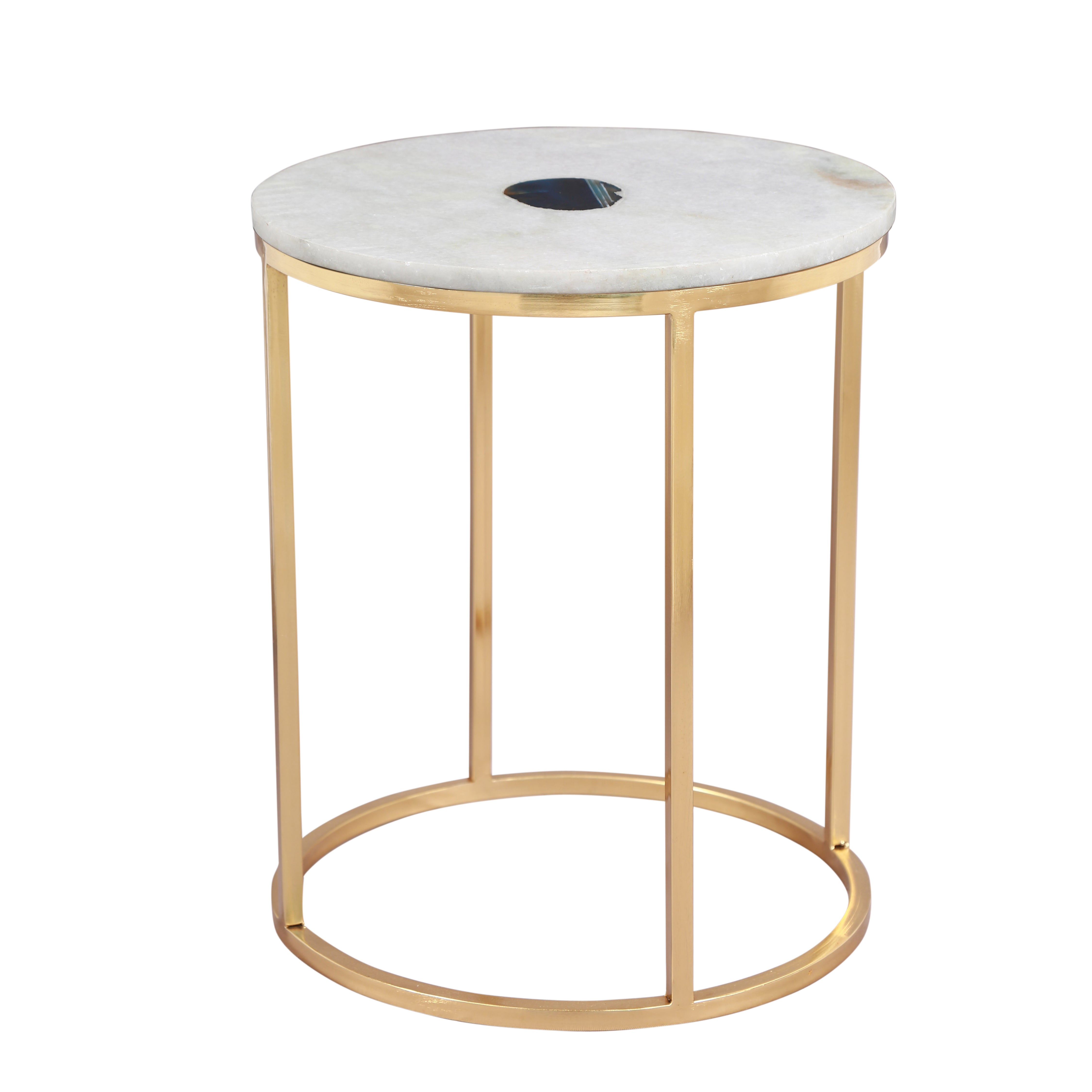 Marble and Agate Top and Round Metal Gold Accent Table 16x16x21 inch