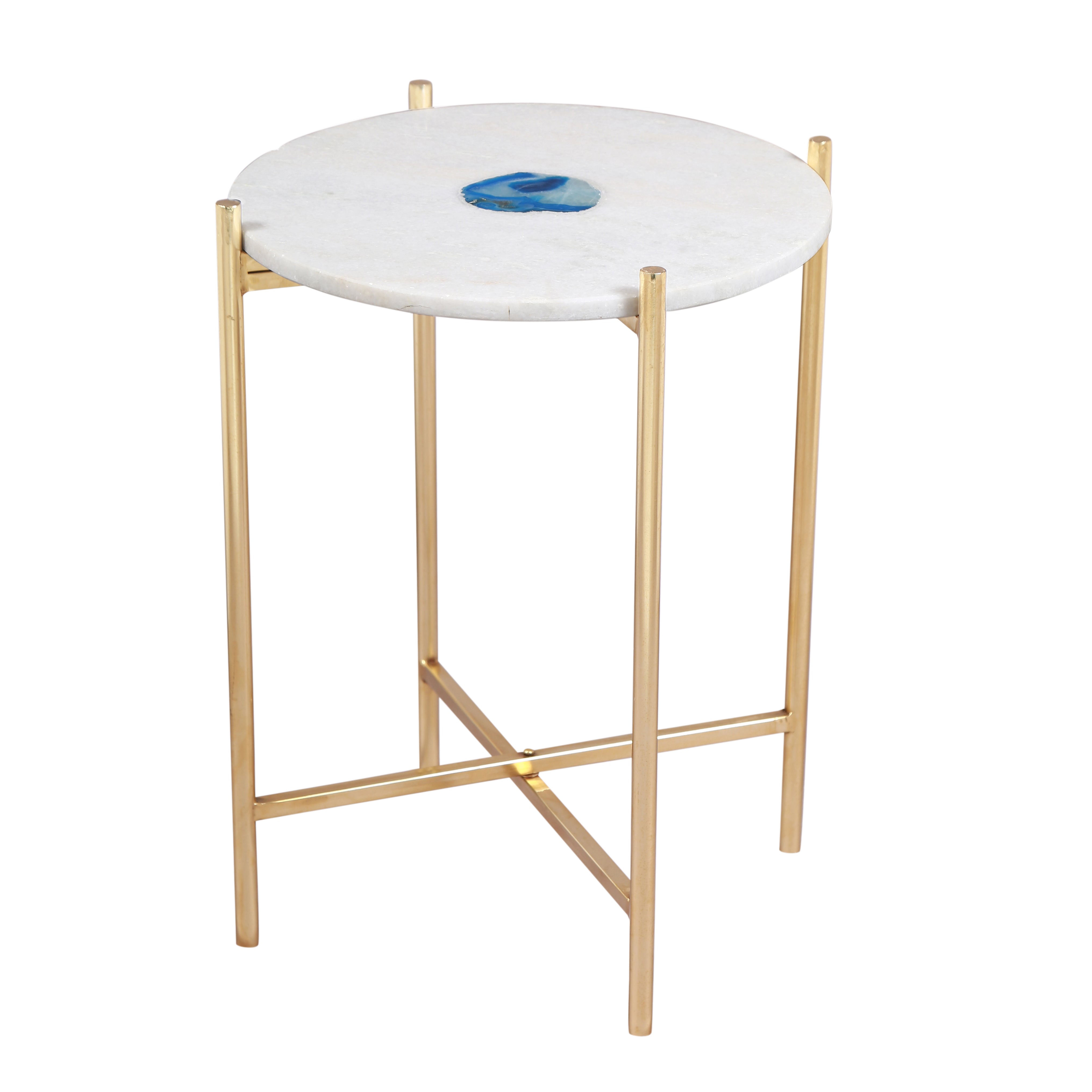 Sleek Marble and Agate Top and Round Metal Gold Accent Table 14x14x17 inch