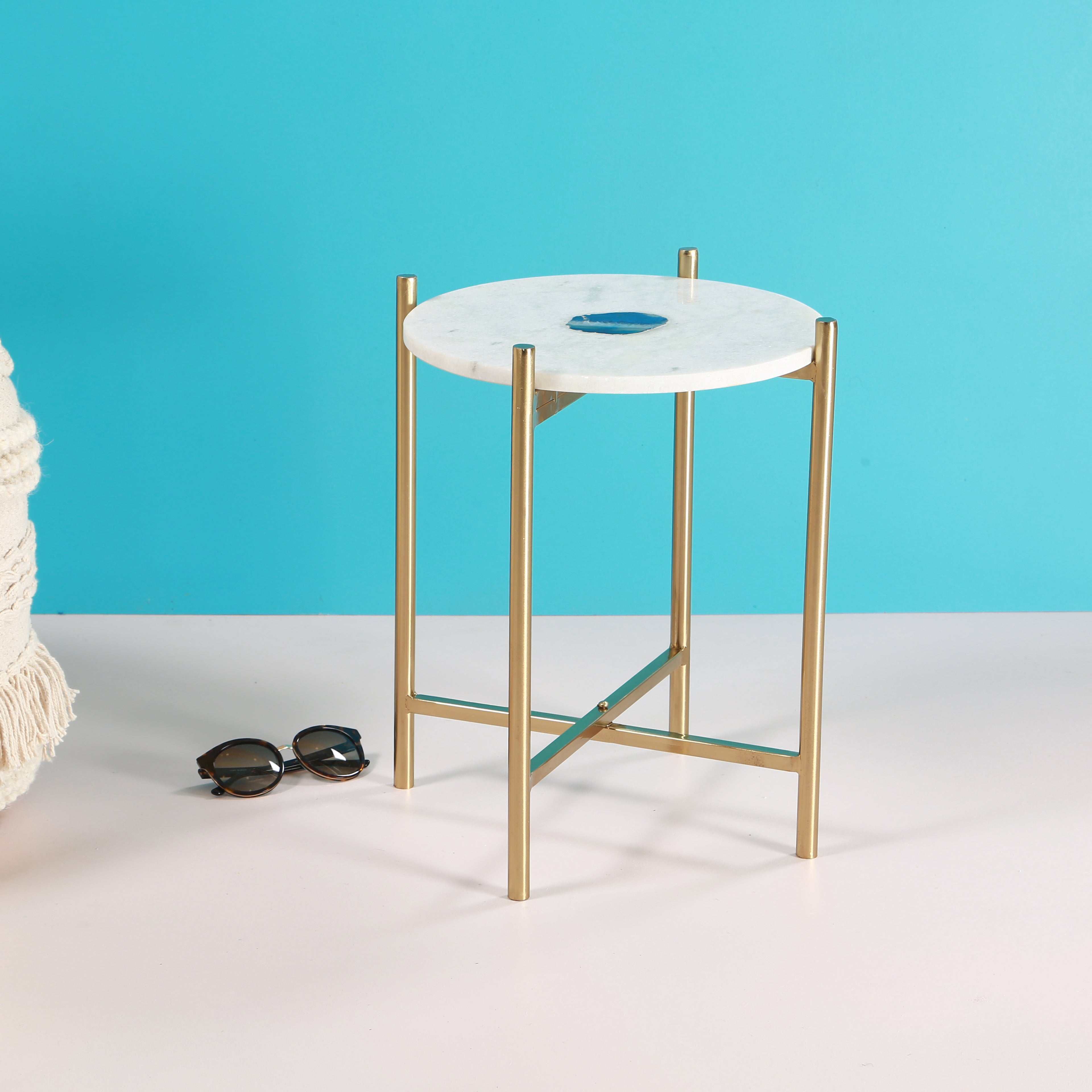 Sleek Marble and Agate Top and Round Metal Gold Accent Table 14x14x17 inch