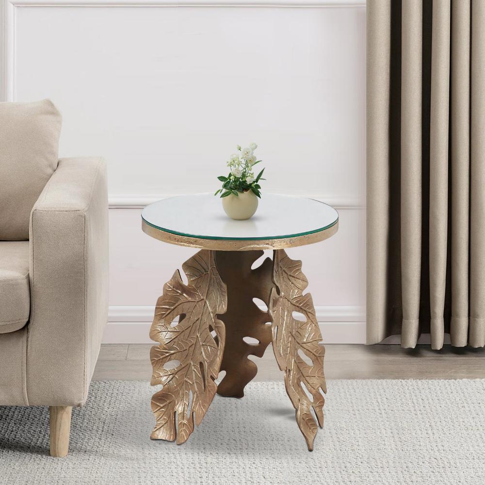 Manor House Leaf Antique Brass Aluminium Round Table Mirror Glass Top