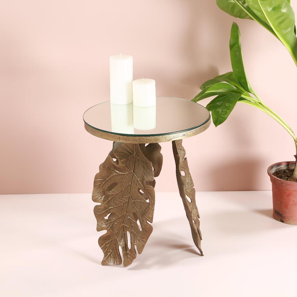 Manor House Leaf Antique Brass Aluminium Round Table Mirror Glass Top