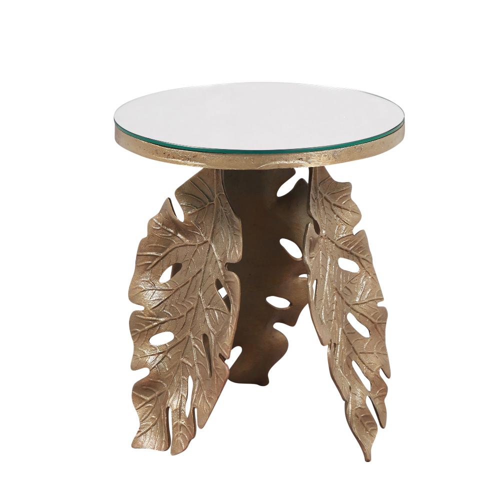 Manor House Leaf Antique Brass Aluminium Round Table Mirror Glass Top