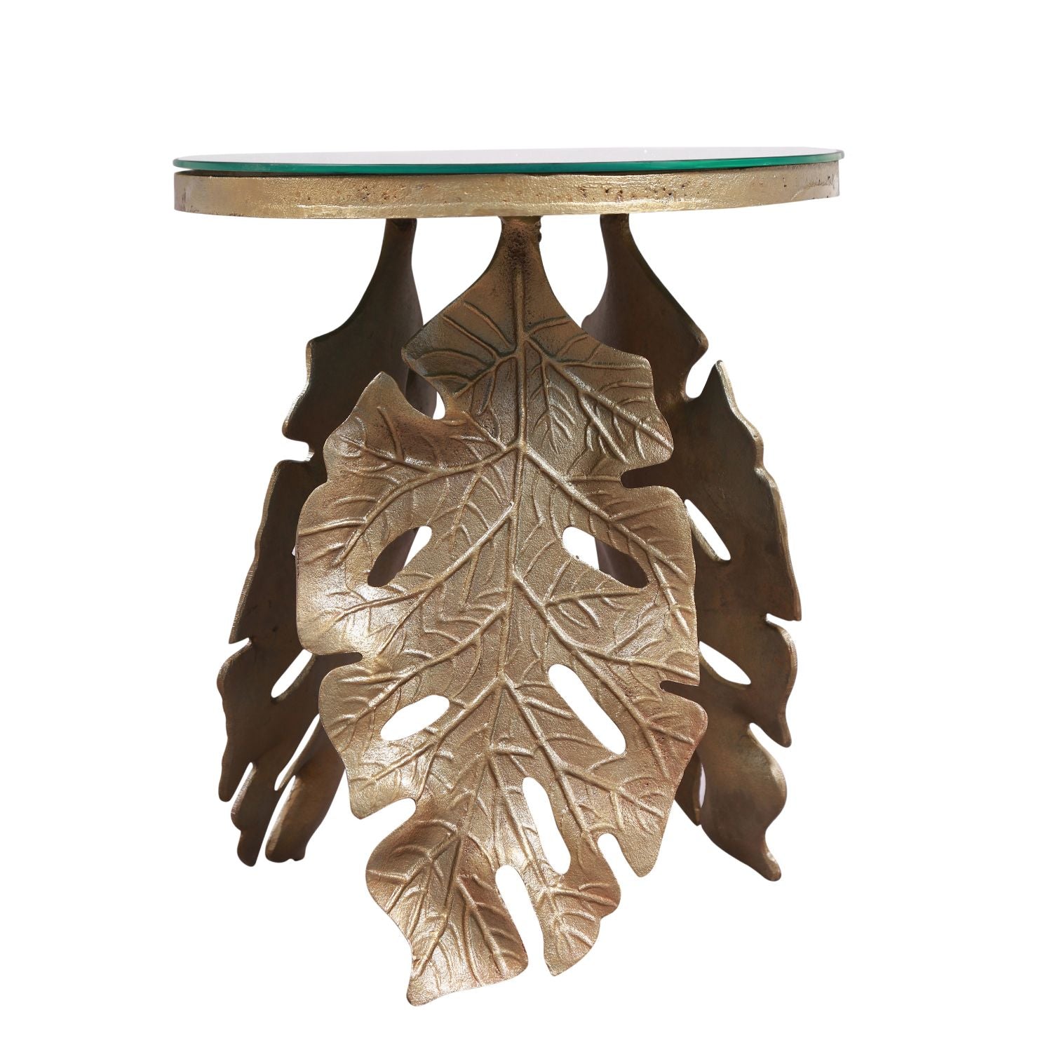 Leaf Antique Brass Aluminium Round Table Mirror Glass Top