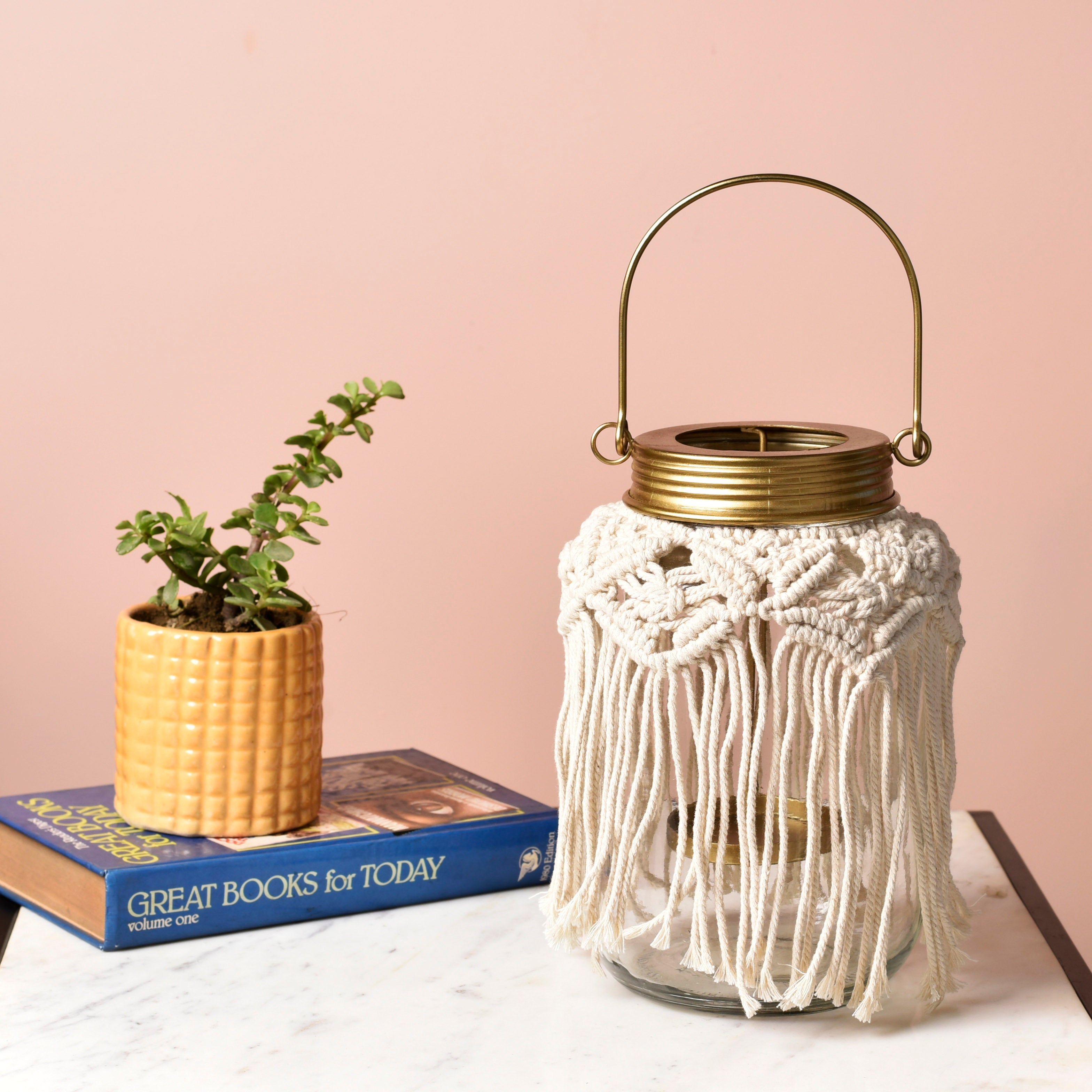 Macrame Glass Jar  Candle Holder With Gold Handle