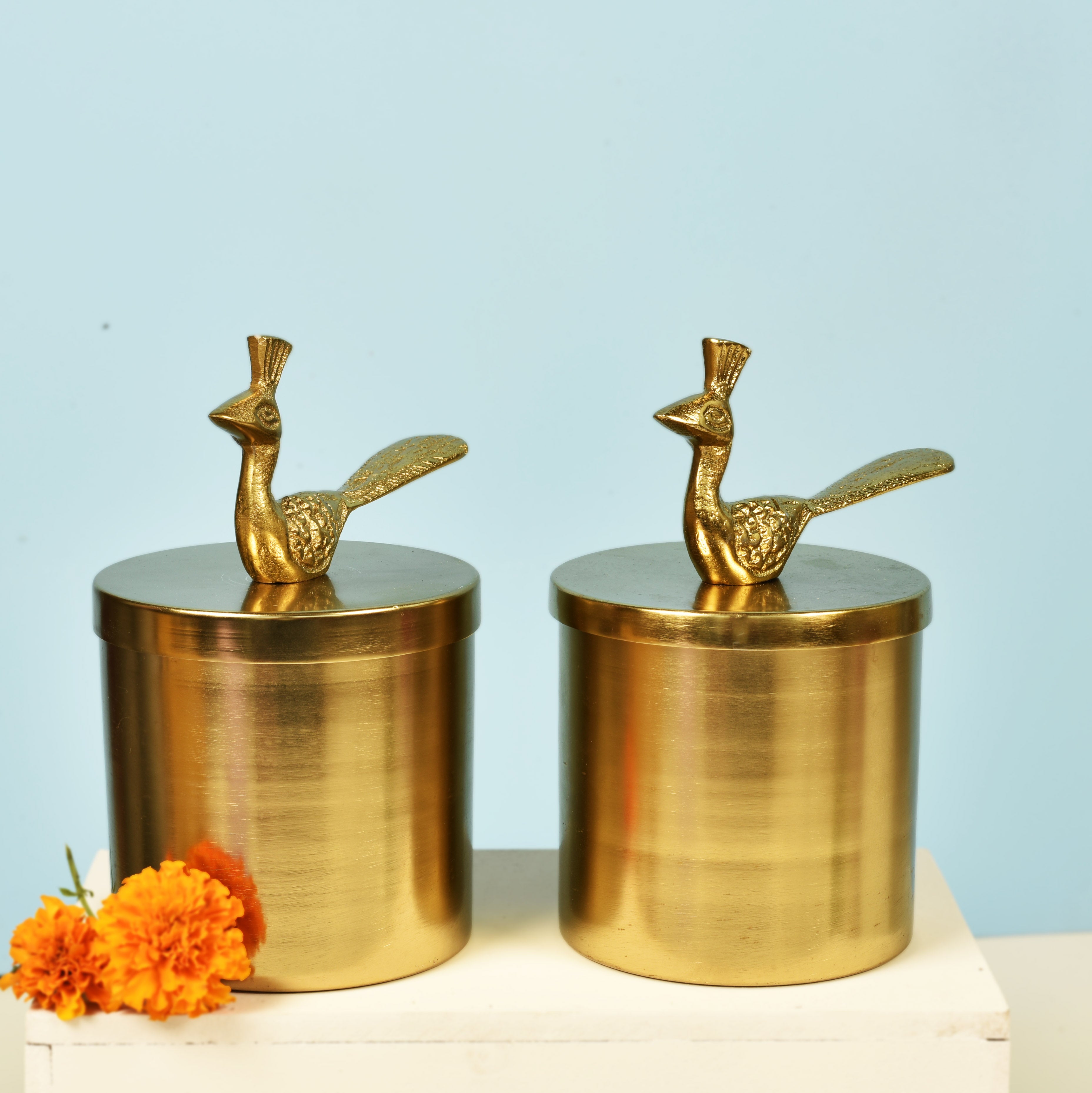 Peacock Jars Gold Finish Set of 2