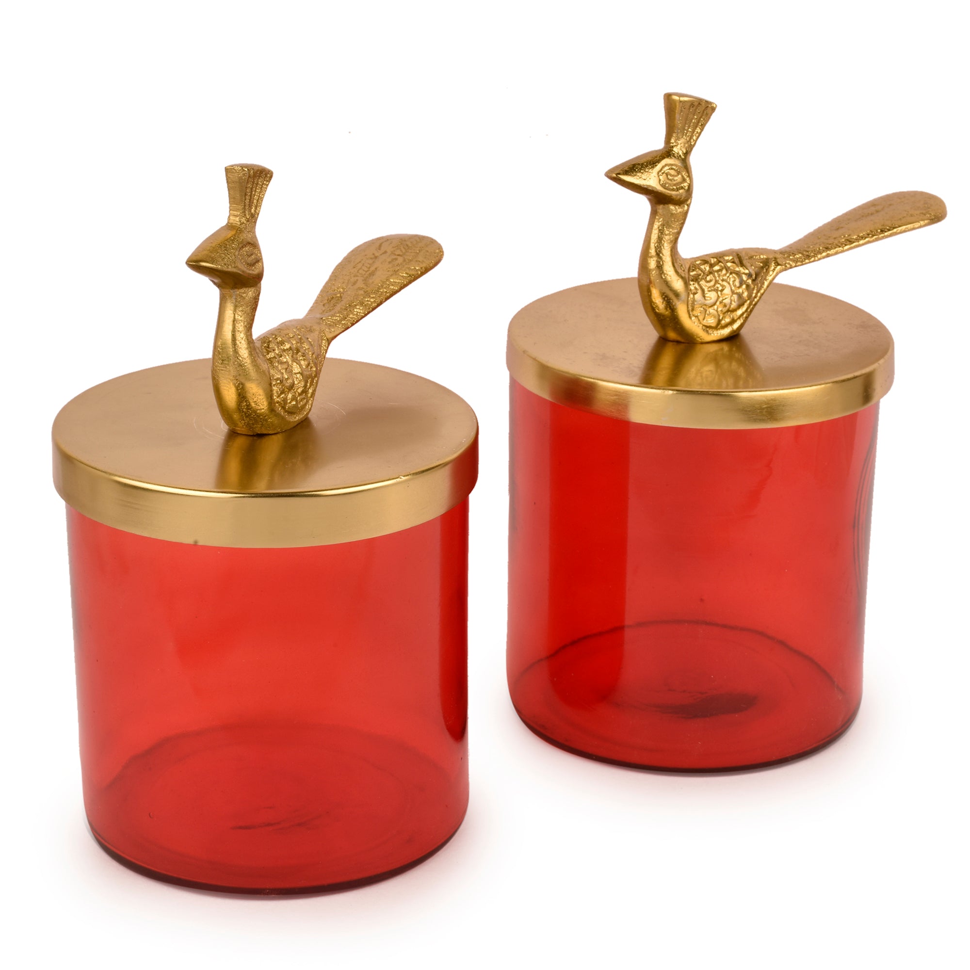 Peacock Red Glass and Gold Jars Set of 2