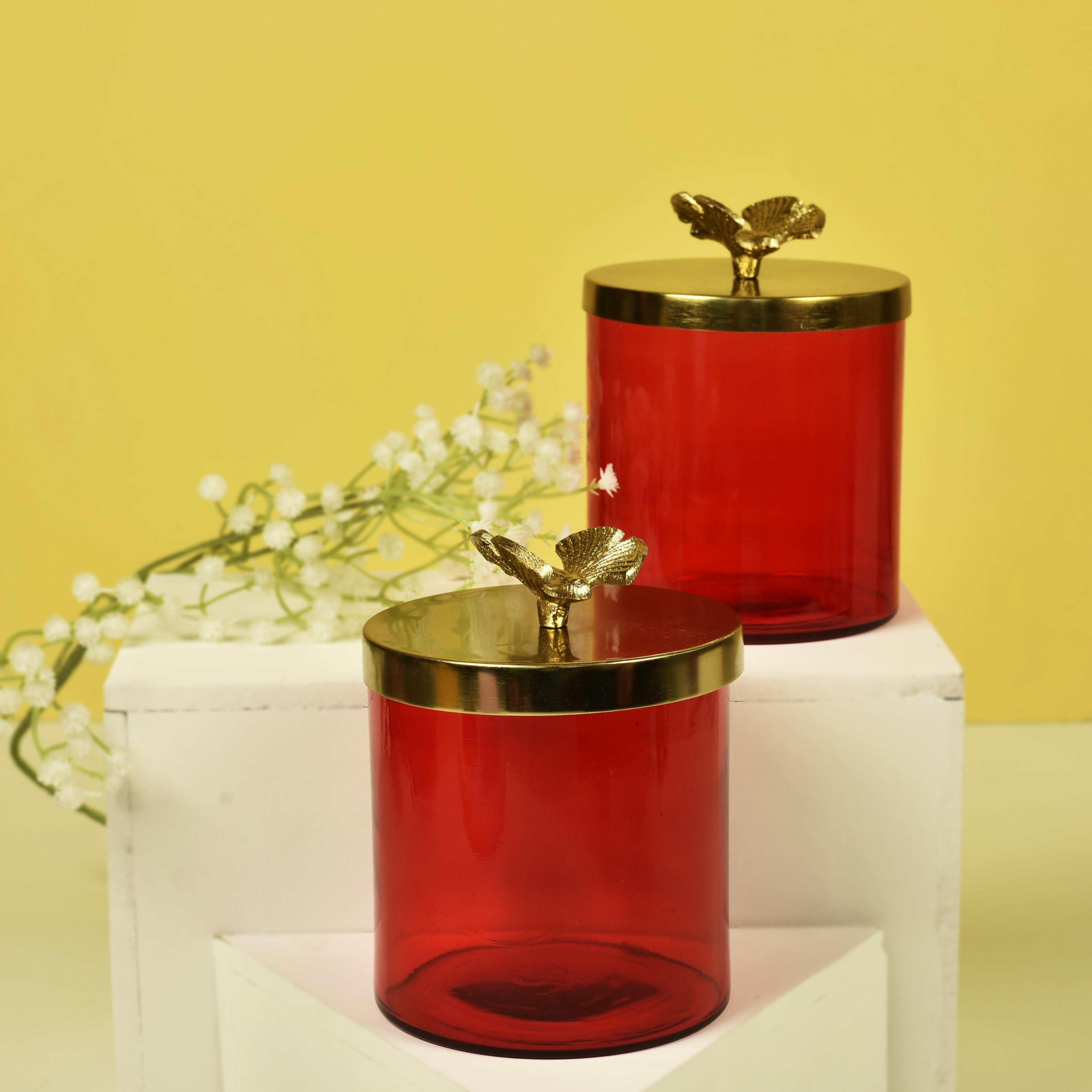 Waterfly Red Glass and Gold Jars Set of 2