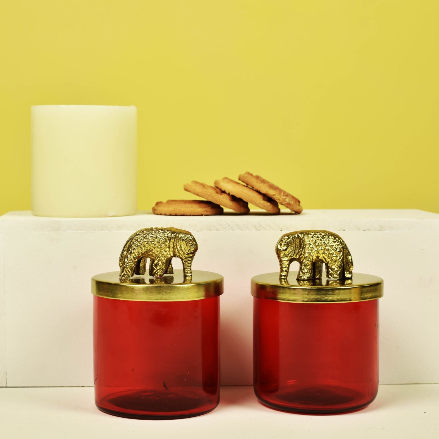 Red Glass Jars Set of 2 with Metal Bird Lid 4.4 inches tall