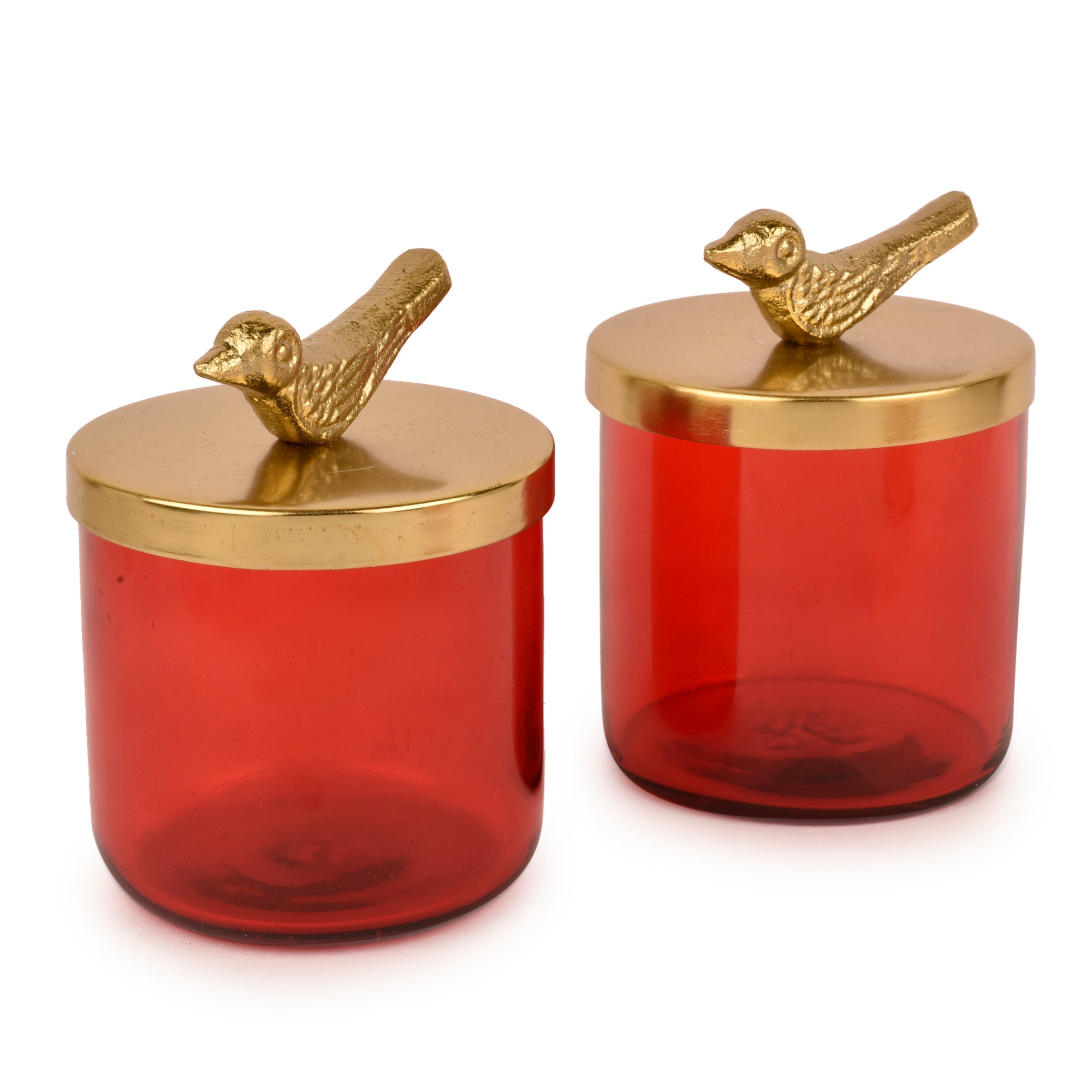 Red Glass Jars Set of 2 with Metal Bird Lid 4.4 inches tall