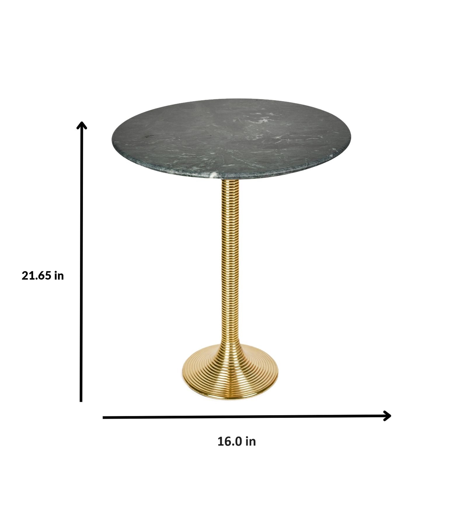 Round marble table with gold pedestal base and dimensions indicated