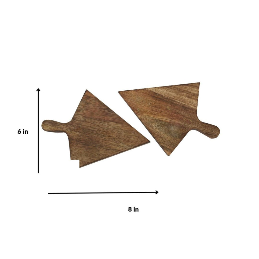 Two wooden arrow-shaped cutting boards with measurements on a white background
