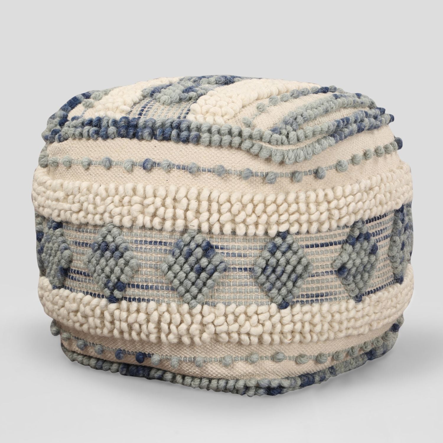 Macrame Square White & Blue Ottomon Pouf