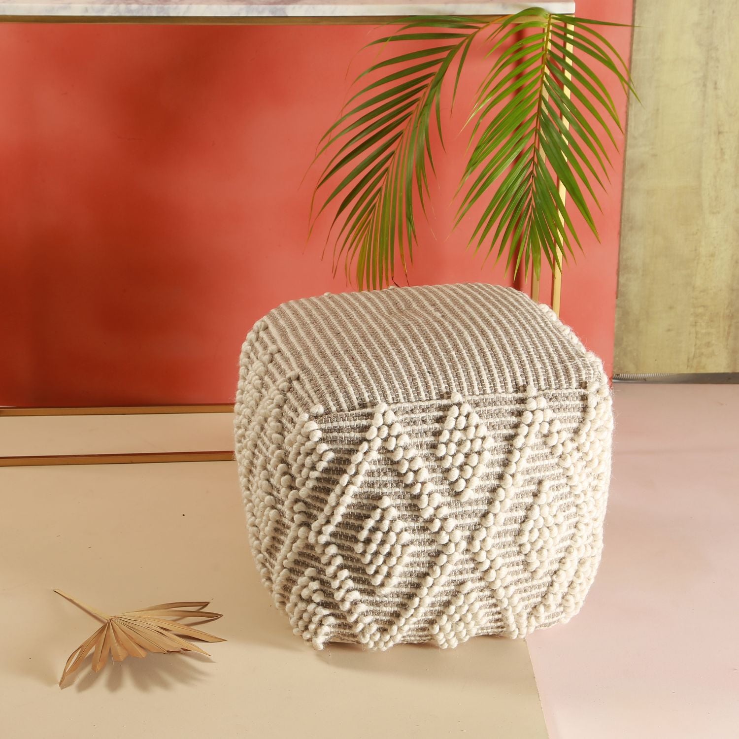 Barfi Macrame White with Grey Ottomon Pouf