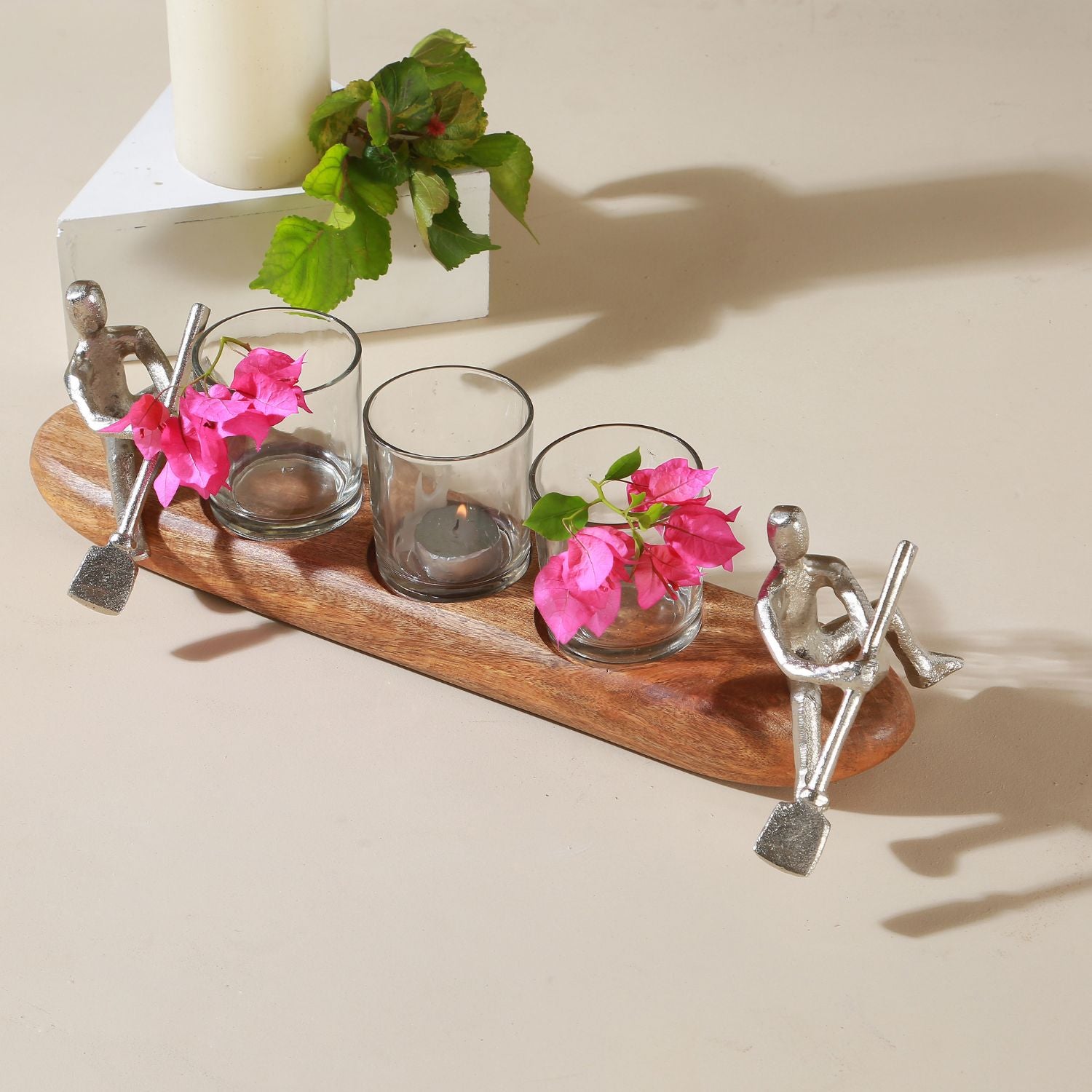 Wooden Kishti with 2 Sailers Votive Holder