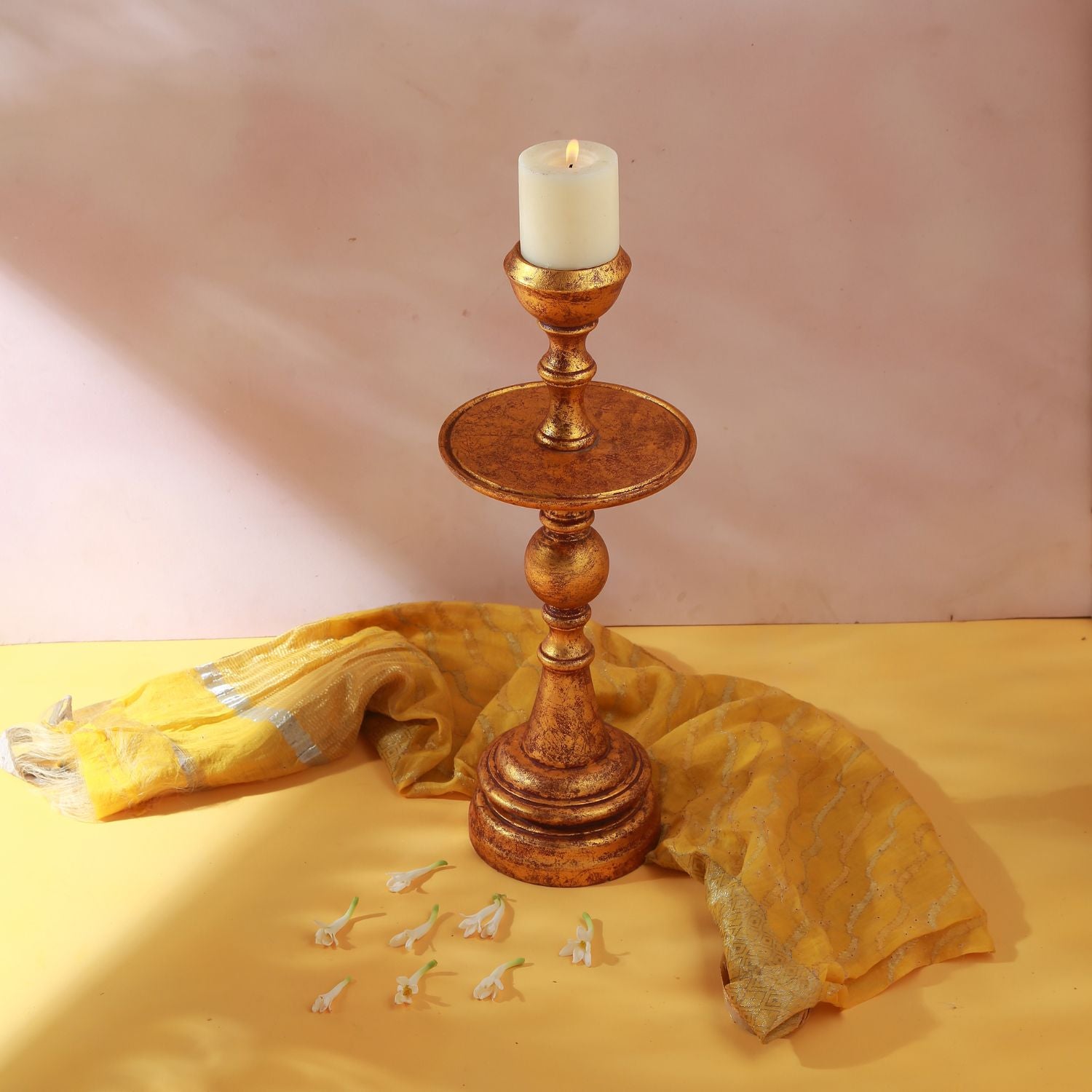 Manor House Dhyaan Wooden Pillar Candle Holder with Gold Foil finish