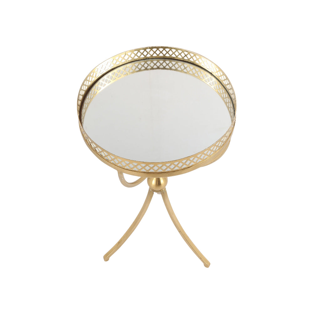 Small round table with gold metal frame and white marble top on a white background
