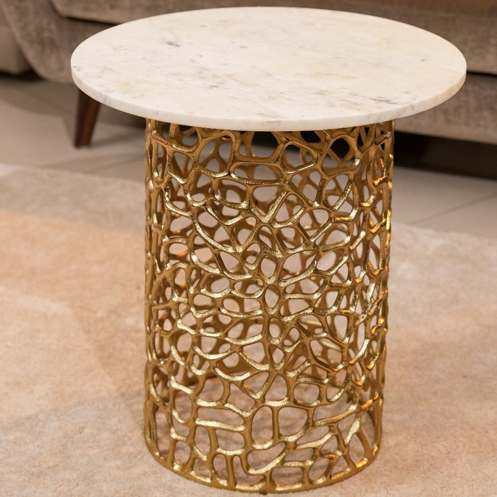Dolce Marble Top Round End Table-Gold