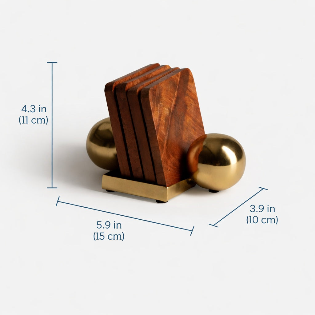 Wooden coasters with gold holders and measurements on a white background