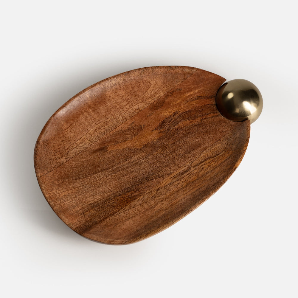Wooden tray with a gold accent on a white background